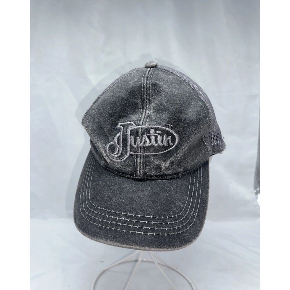 Justin Snapback Trucker Hat Ball Cap Black Mesh Back Embroidered NEW